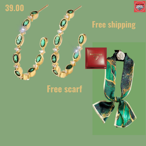 Green and crystal hoop earrings gold vermeil