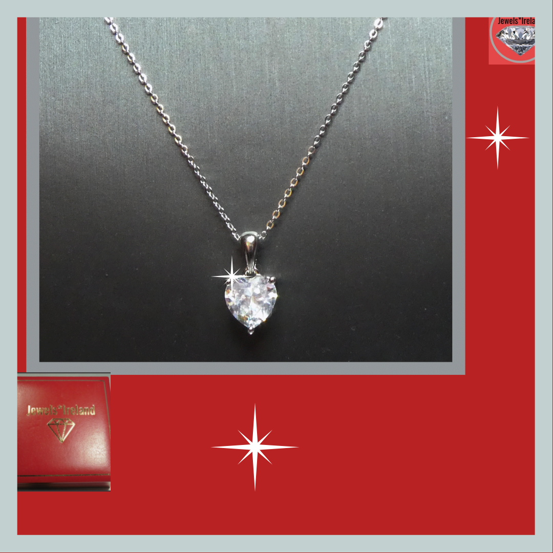 925 Sterling silver diamond simulant heart necklace Jewelsireland
