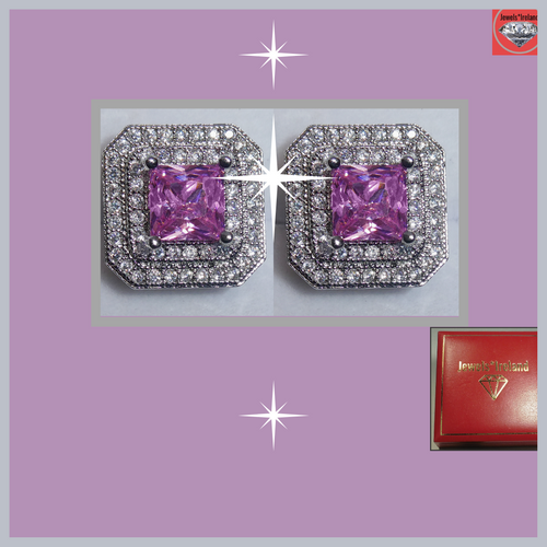 Pink crystal square earrings with a platinum vermeil