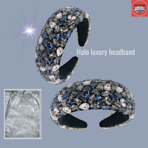 Hand crafted luxury halo headband with blue and grey tones