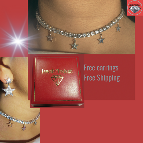 Tennis choker necklace brilliant cut with star charms and free earrings