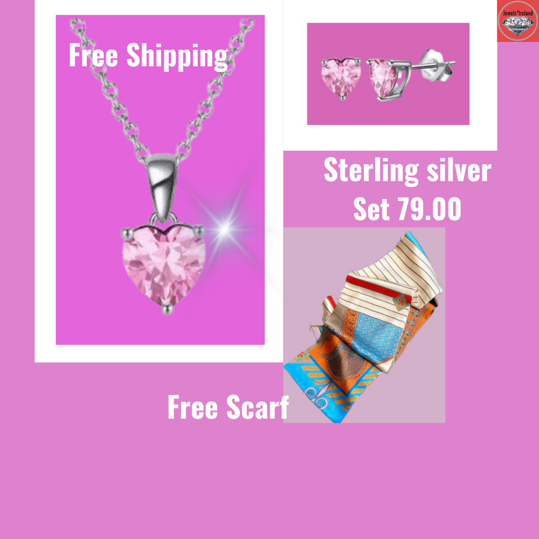 Set 925 Sterling silver pink heart crystal necklace and earrings