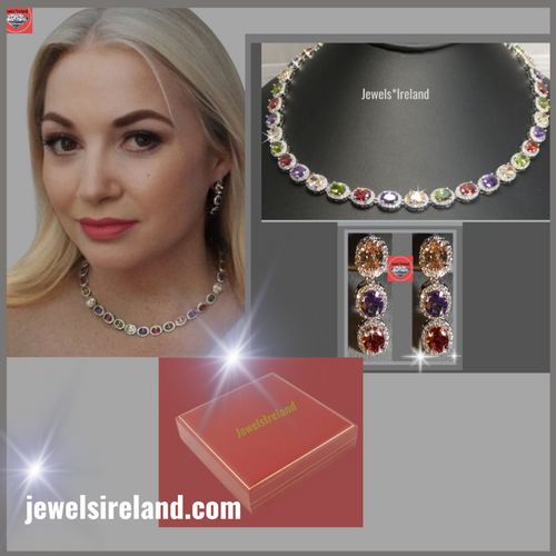 Exquisite multi created diamond and gem stone necklace and earrings