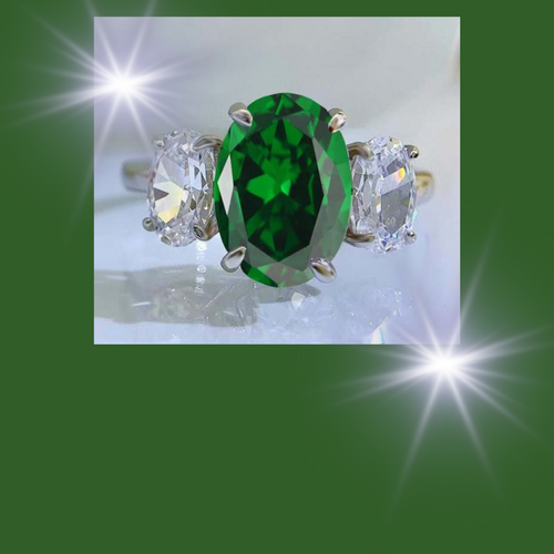 Emerald & diamond lab created 3 stone ring