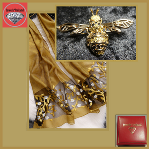 Honey bee brooch with embrodery style gold scarf