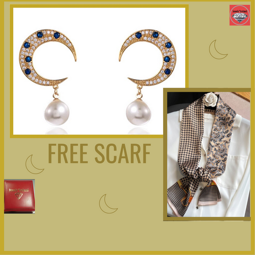 Moon & pearl earrings with silk style scarf
