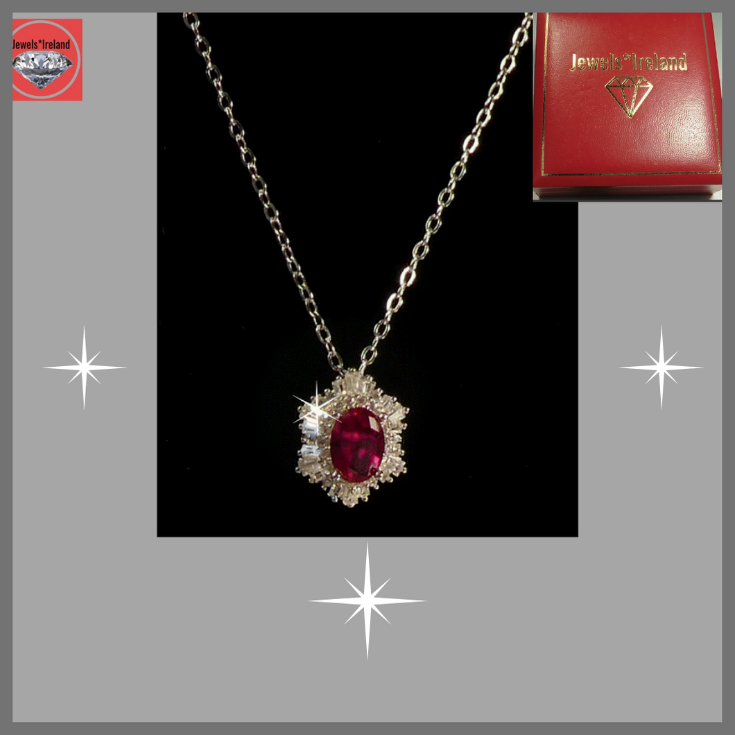 Gemstone & diamond lab created red ruby necklace.
