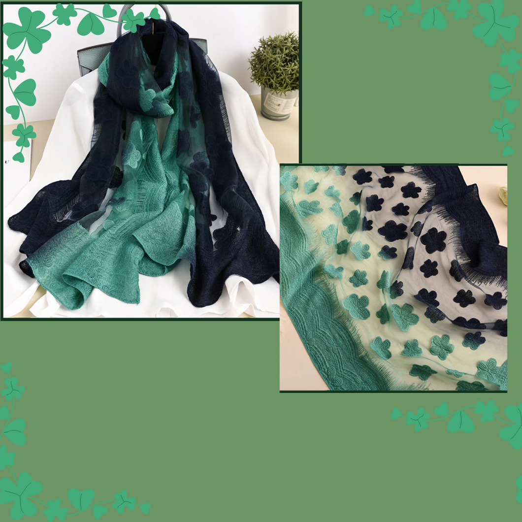 Mixture of green and dark navy embroidery style scarf.