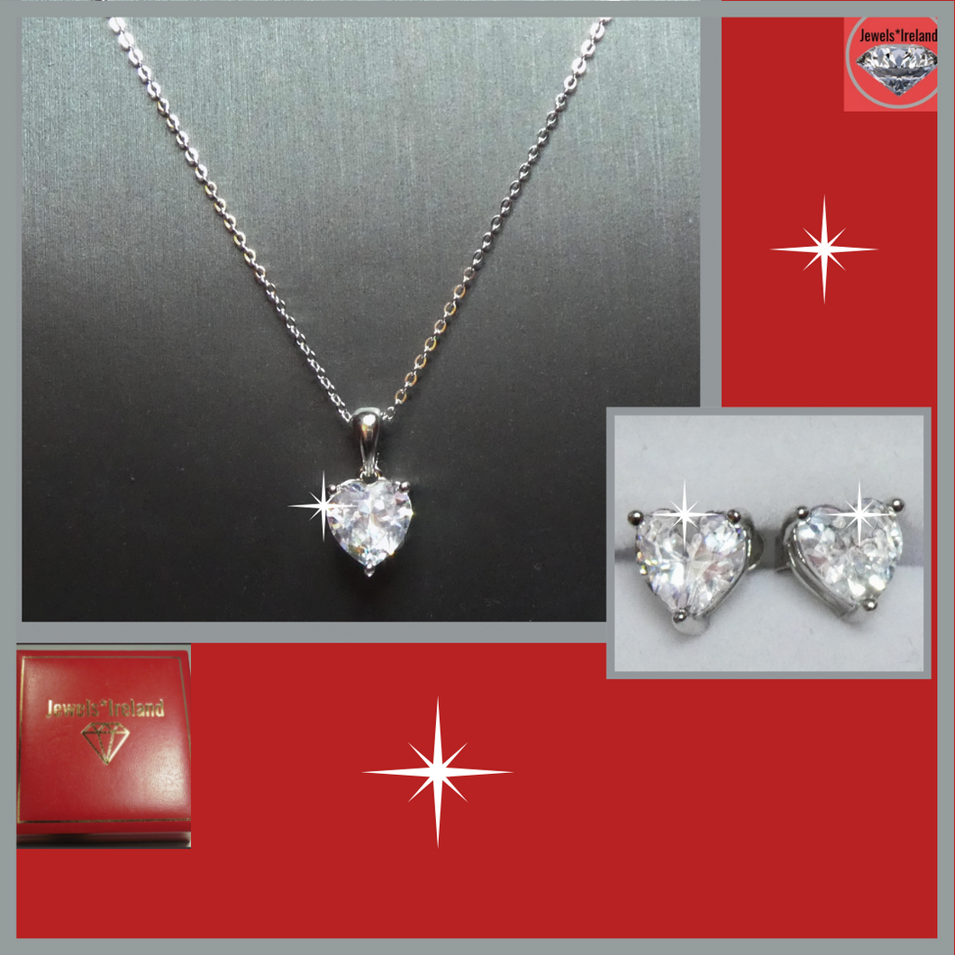 Set 925 Sterling silver heart diamond simulant  necklace and earrings