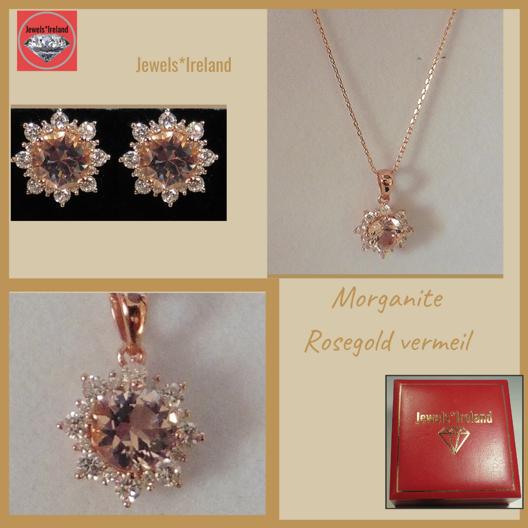 Morganite & diamond created gems rosegold necklace & earrings.