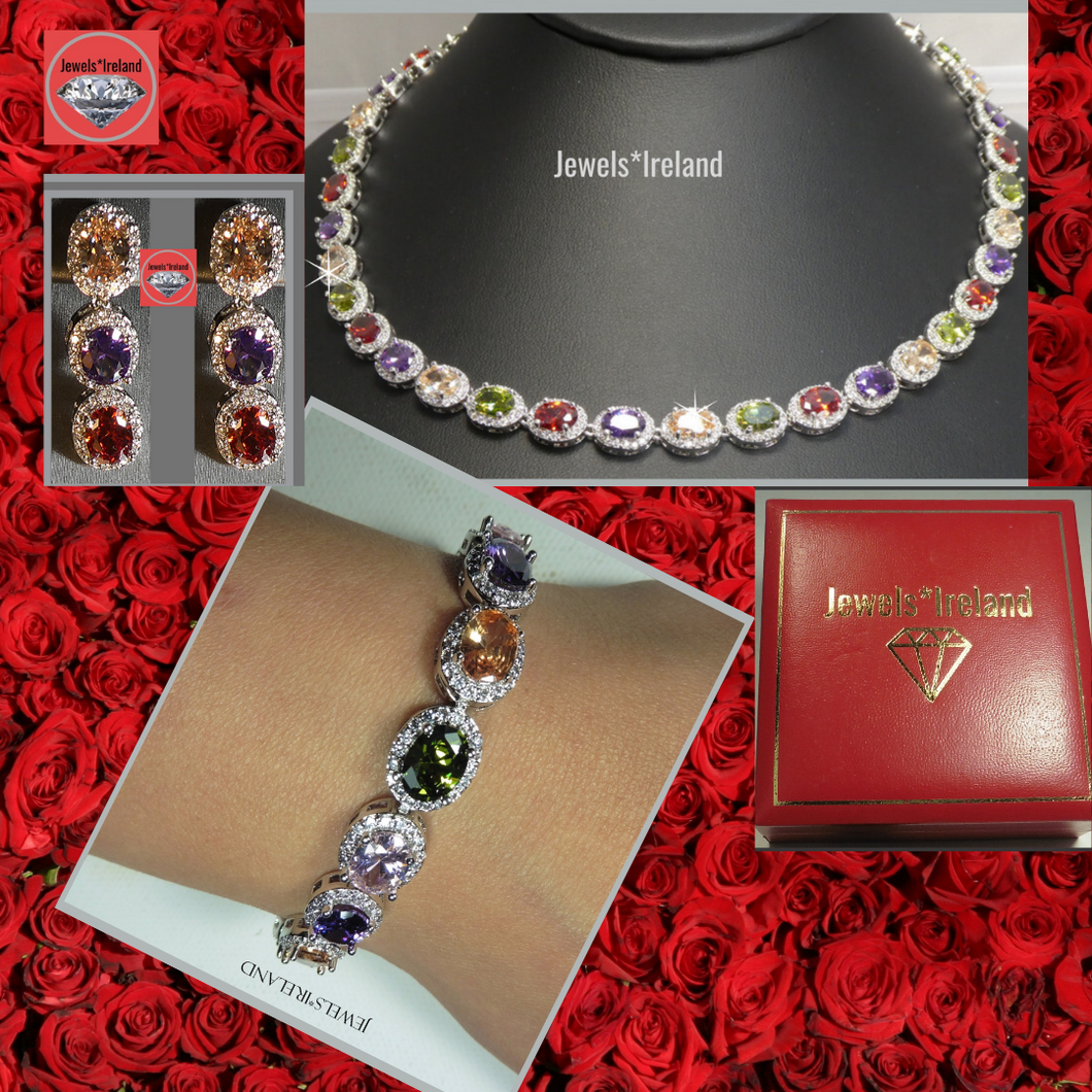 Exquisite multi created diamond and gem stone  jewellery set with bracelet.