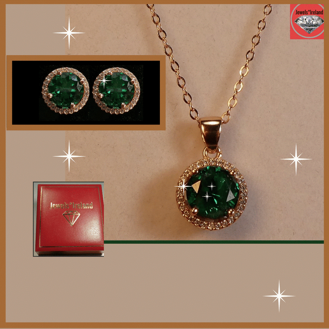 Gemstone created green rose gold emerald necklace earrings. Free