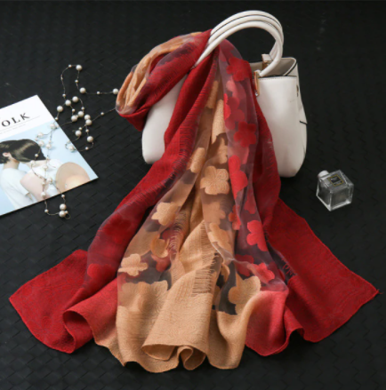 Mixture of beige and dark red embroidery style scarf