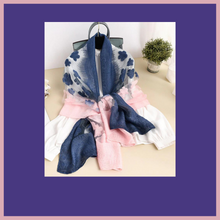 Mixture of navy blue and soft pink embroidery style scarf.