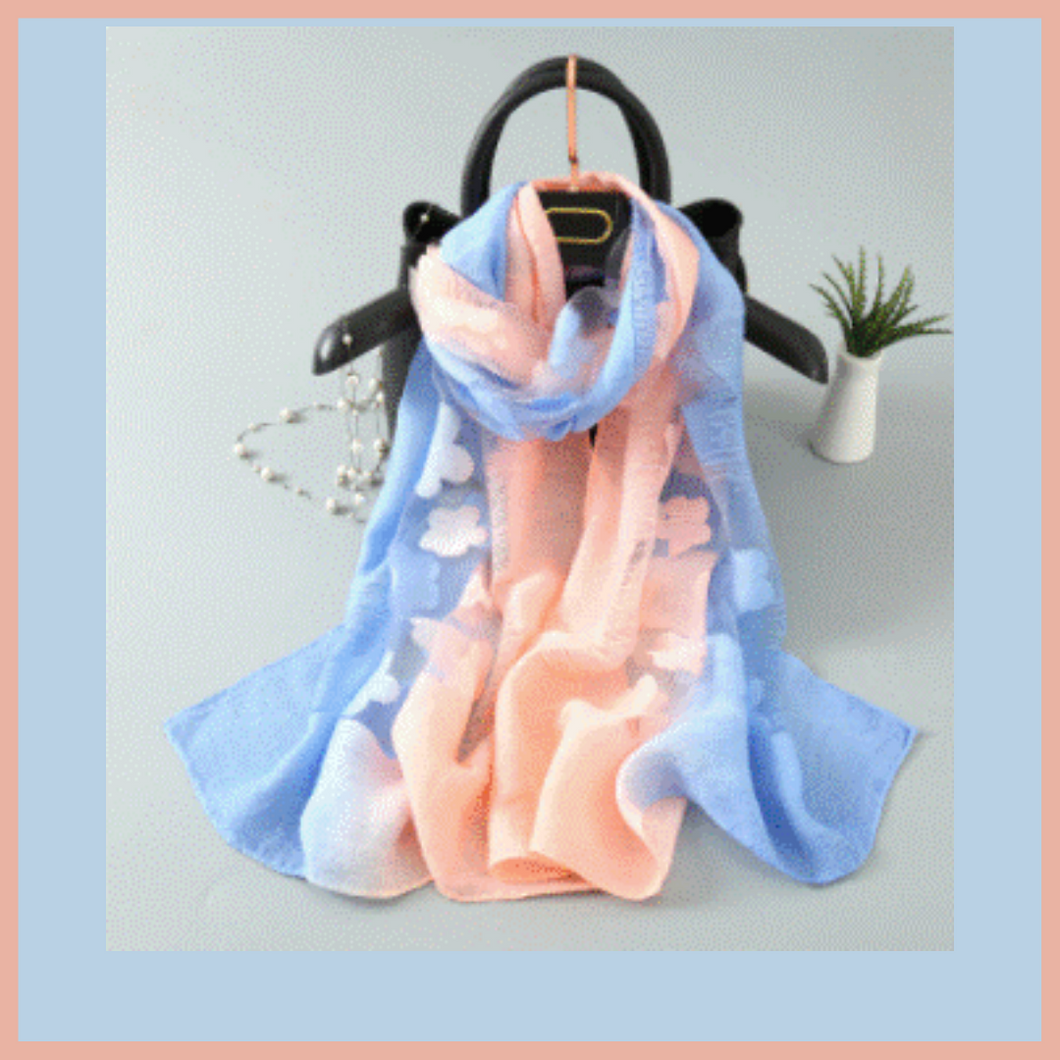 Mixture of soft blue and pink embroidery style scarf