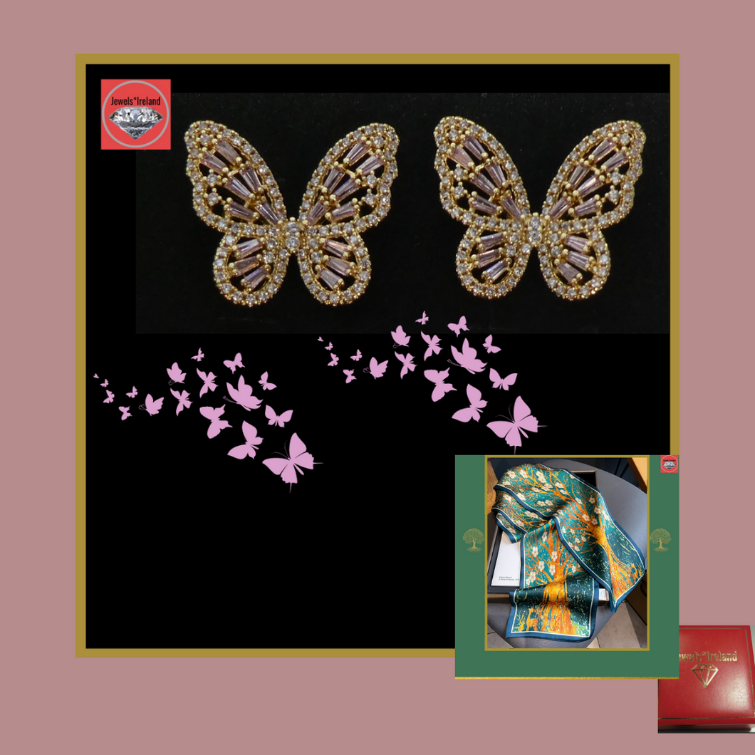 Gold vermeil butterfly earrings with pink crystals,