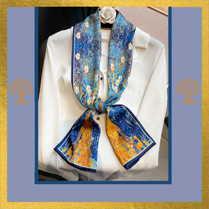 Skinny scarf Blue, with gold and white overtones.