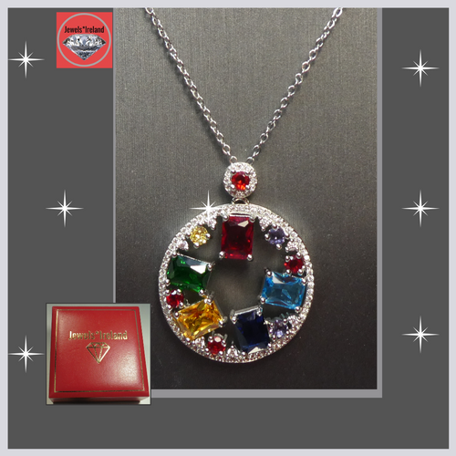 Circle multi colour crystal silver necklace