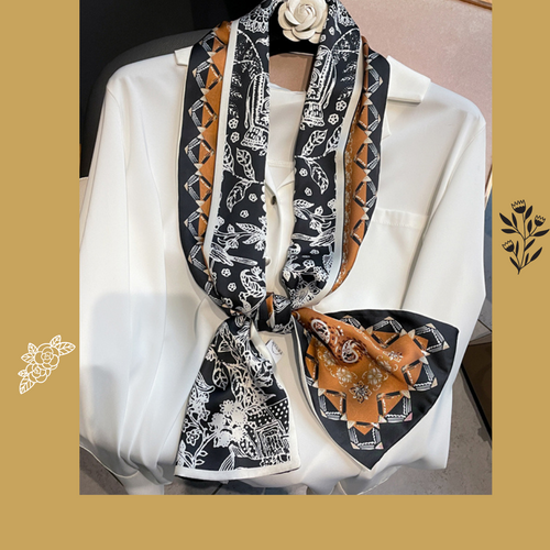 Skinny scarf with tan black and white overtones