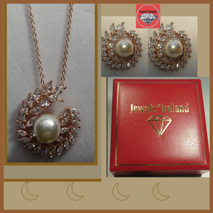 Rose gold vermeil moon quarter pearl necklace and earrings jewellery set.