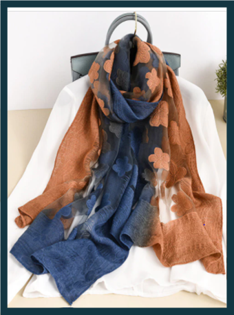 Mixture of navy and rust colour embroidery style scarf