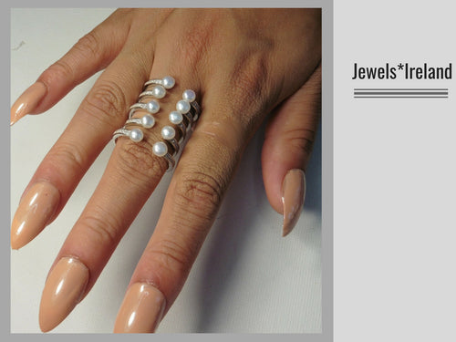 Pearl and cz adjustable ring