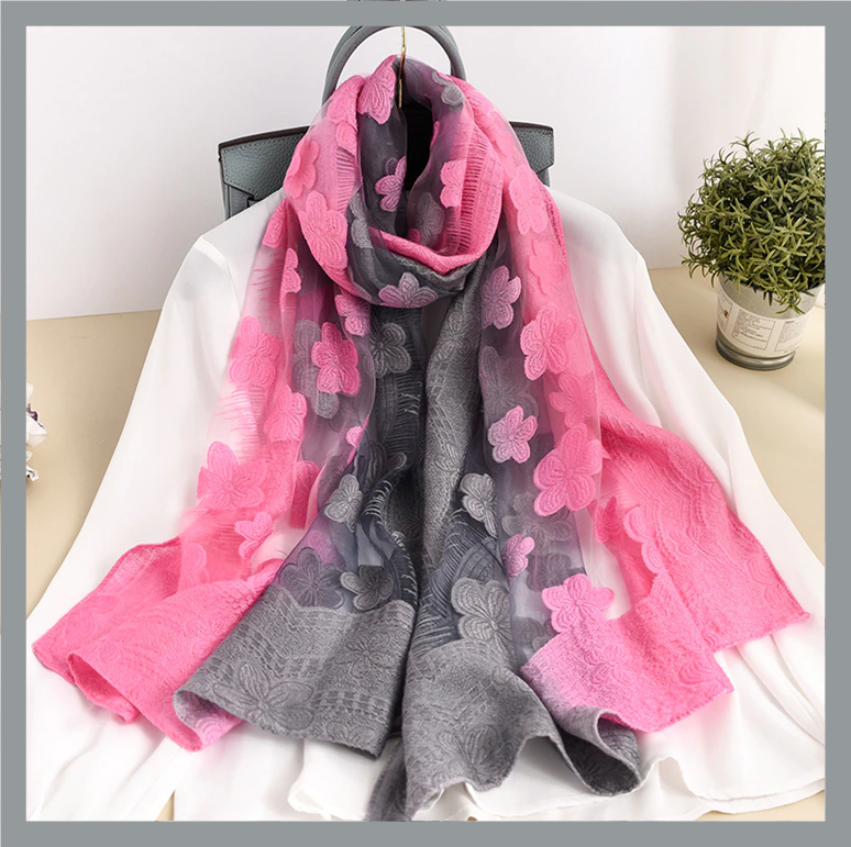 Mixture of pink and grey embroidery style scarf